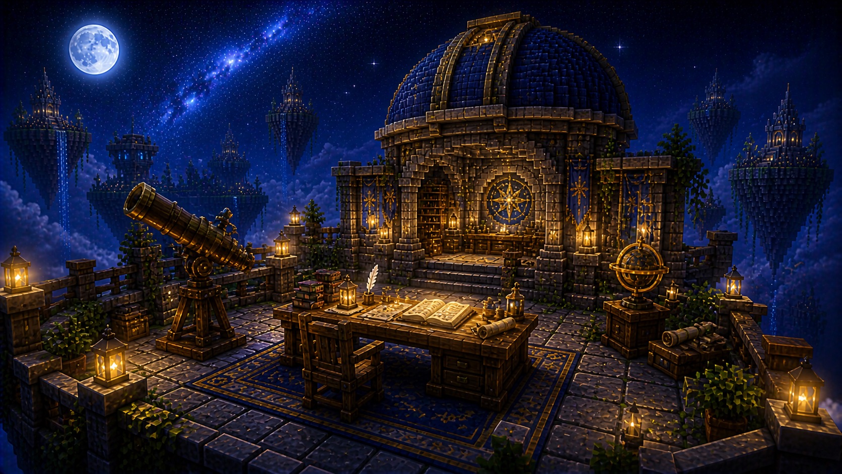 A celestial observatory and writing desk for Asteria Skyblock updates