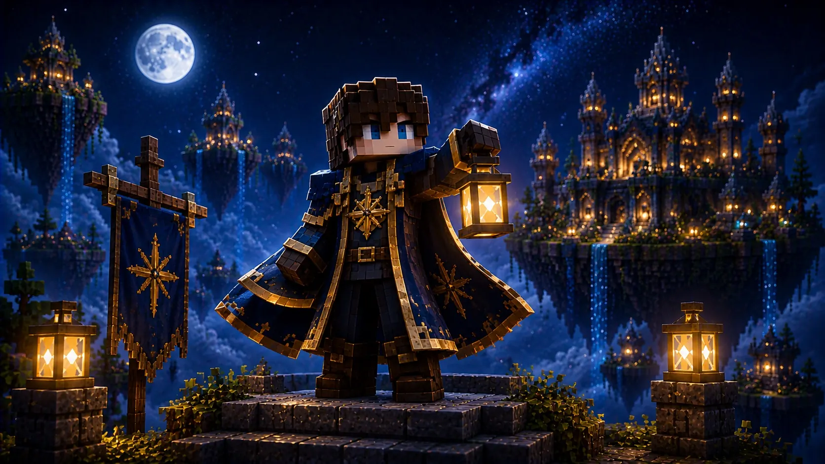 Asteria Skyblock Founder character holding a lantern with celestial floating islands behind them