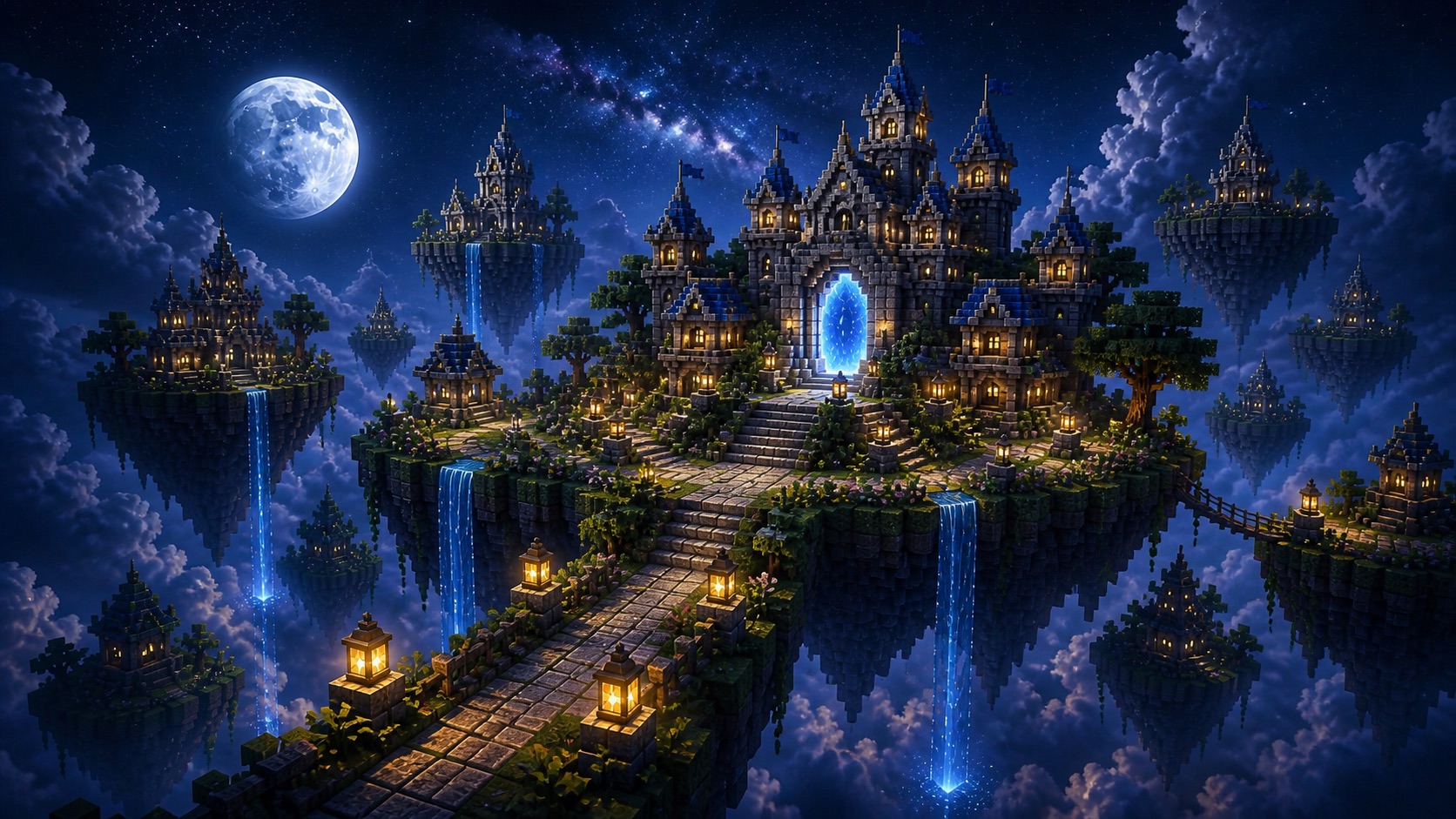 A bright Minecraft-inspired Skyblock island with farms, trees, and floating paths
