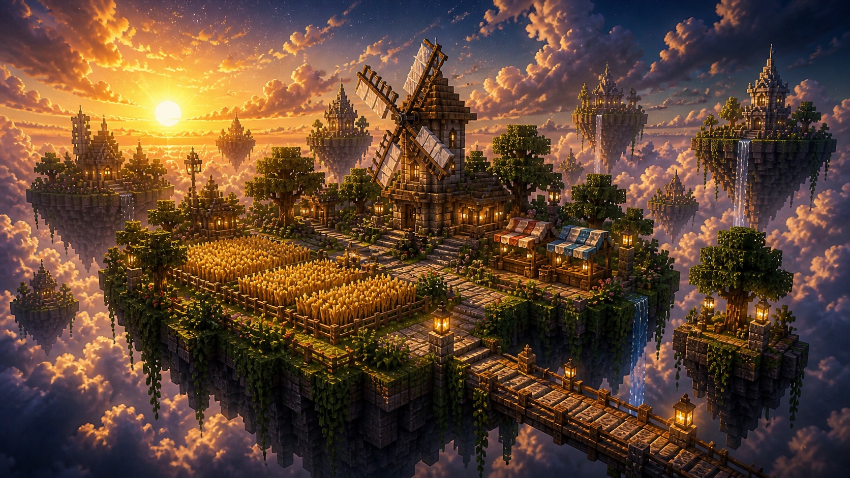 A Minecraft-inspired floating island settlement with bridges and warm lanterns