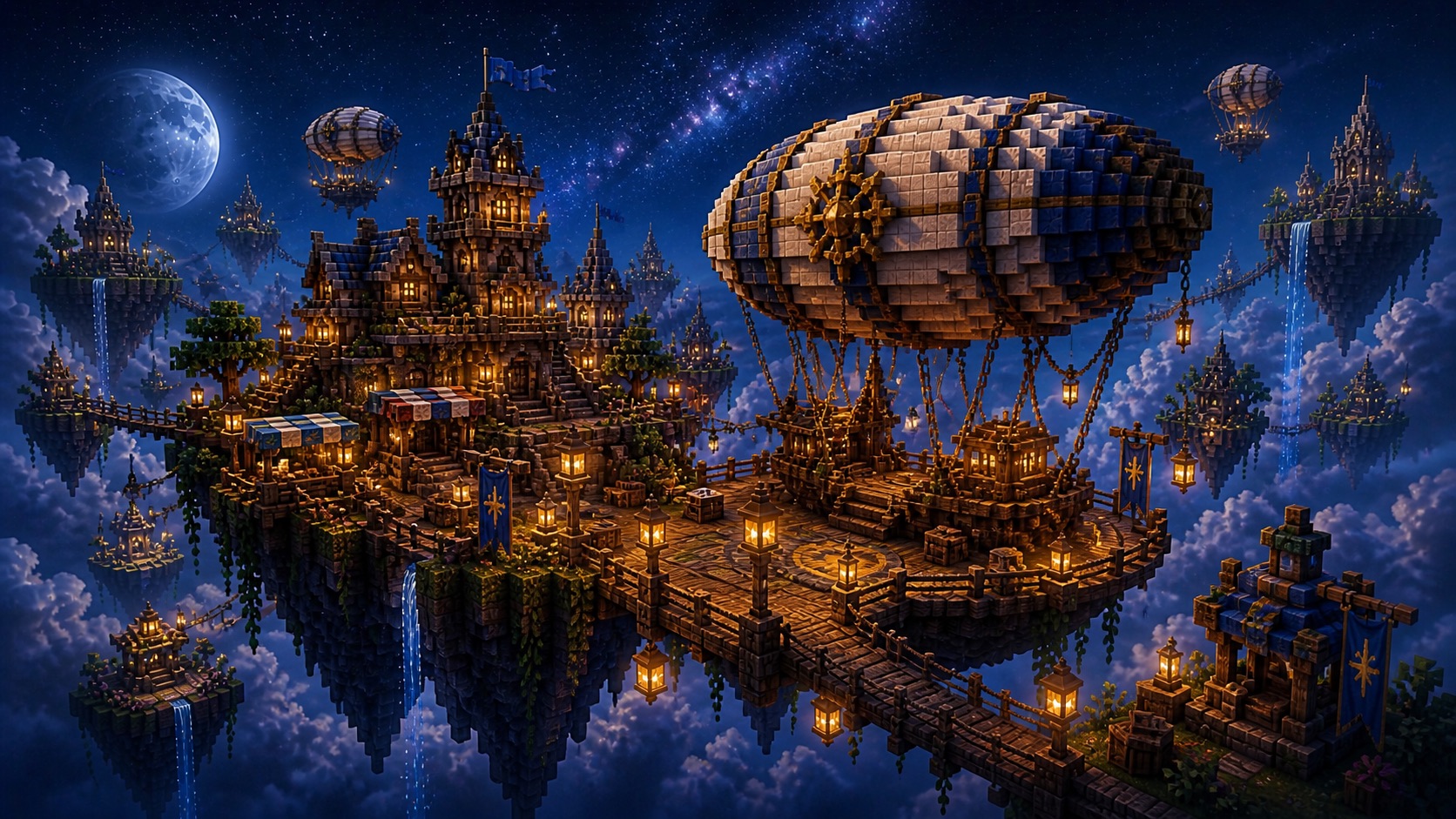 A Minecraft-inspired floating market island with trading stalls and banners
