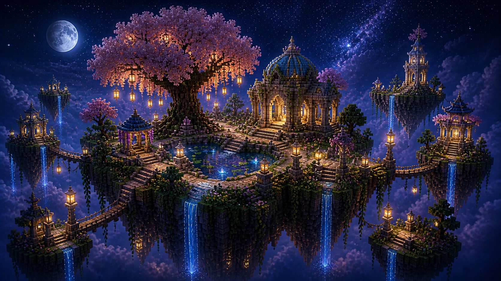 Moonlit floating island garden prepared for the Asteria Skyblock Season Zero beta