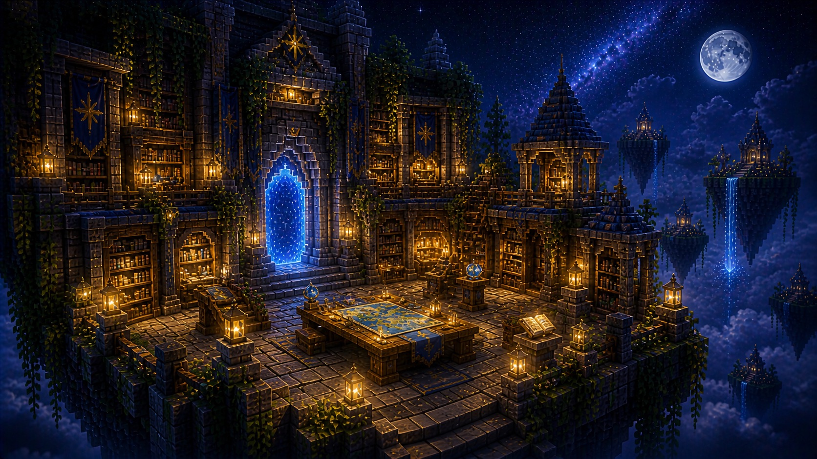 A celestial Asteria Skyblock guide hall and library on a floating island
